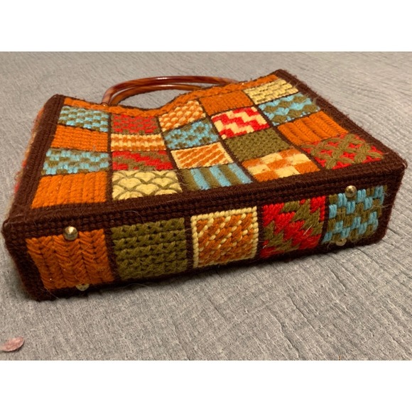 Handmade Patchwork knit Tote Bag purse Tortoise Shell Handles Vintage Unique - Picture 4 of 9